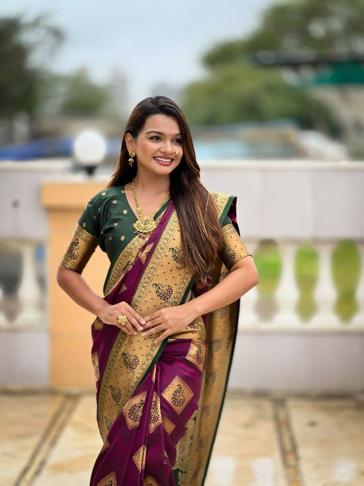 PR Fashion Wine Soft Banarasi Silk With Zari Weaving Meenakari Design Saree | Swadesiicart