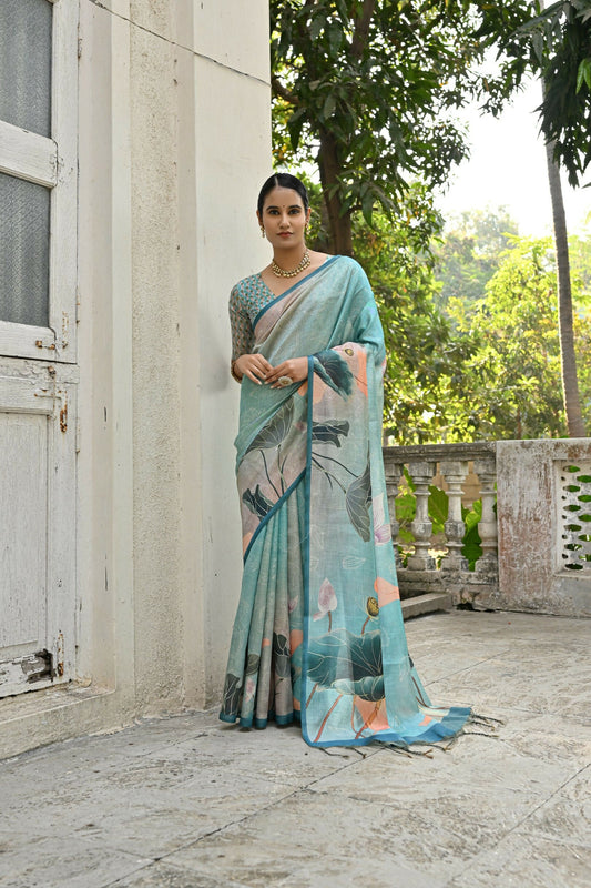 Vishnu Weaves Women's Firozi Cotton Silk Saree with Blouse - Swadesiicart