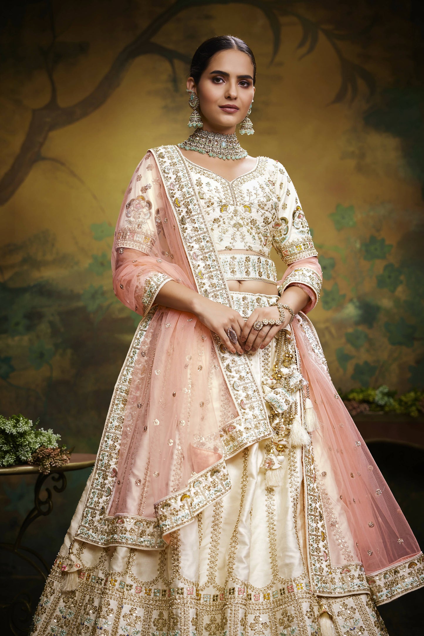 House of Panchhi Off White Pure Silk Moti & Zarkan heavy embroidery Lehenga choli & Dupatta | Swadesiicart