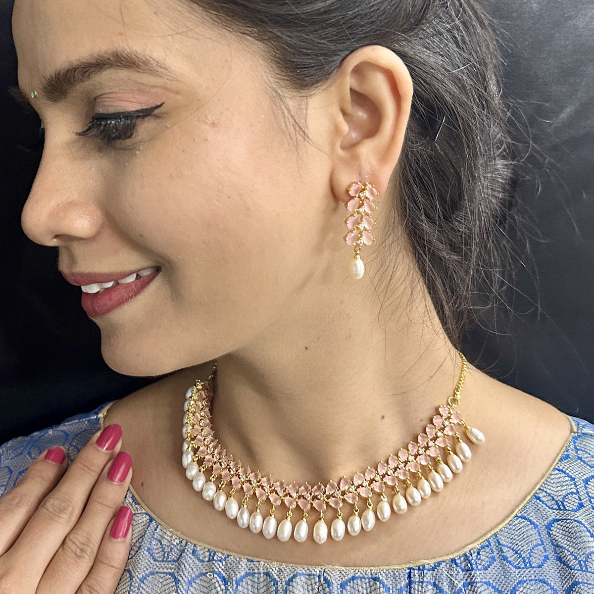 J Pearls Seraphic Sparkle Pearl Necklace Set - Swadesiicart
