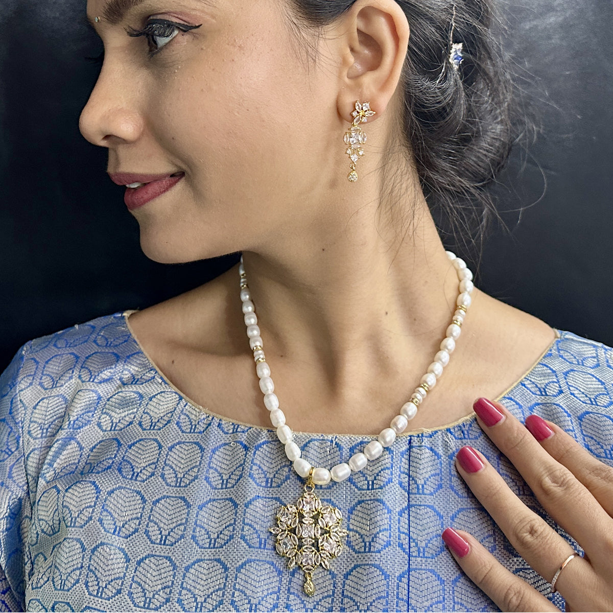 J Pearls Meena Pearl Necklace Set - Swadesiicart