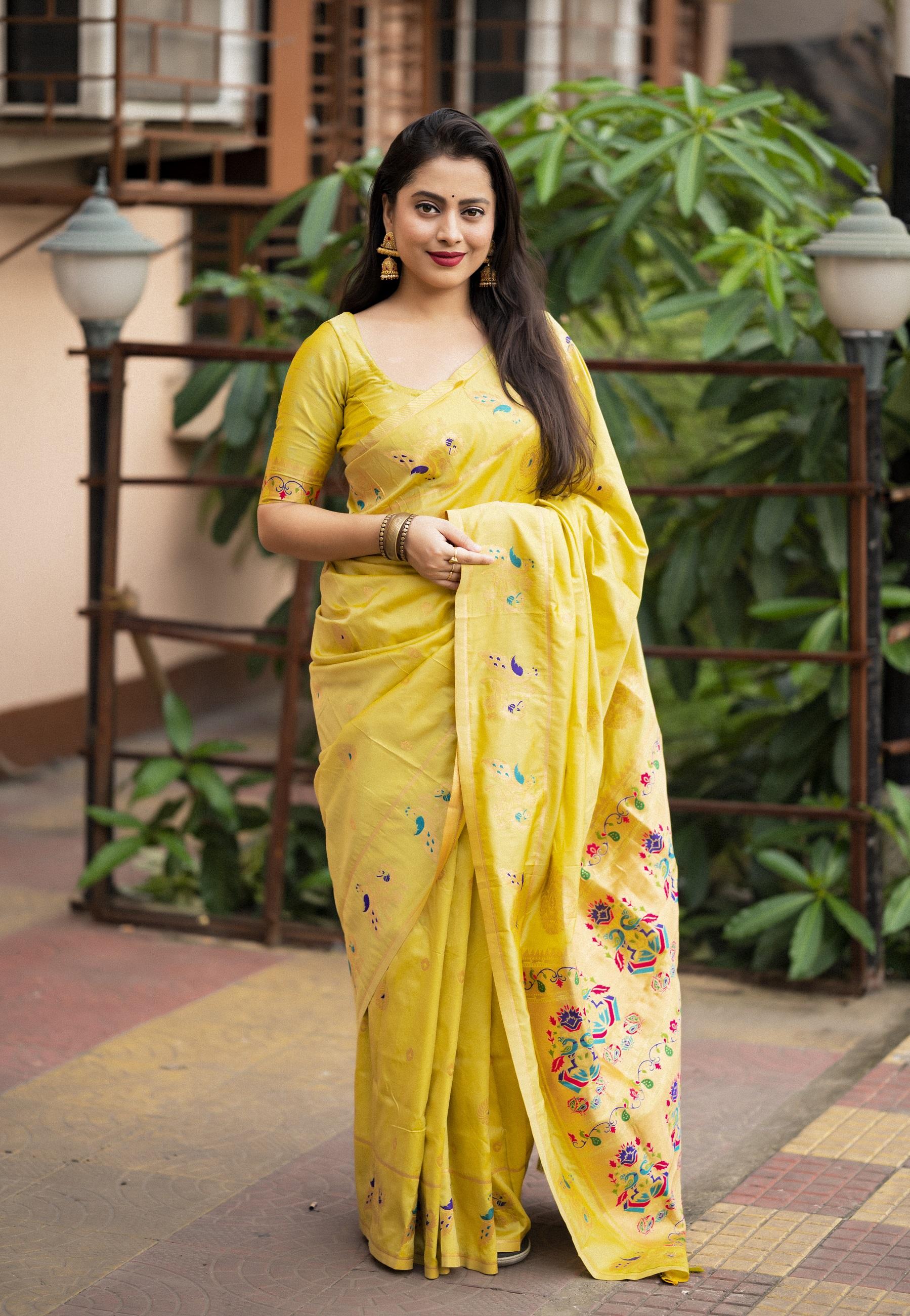 Lemon Green Pure Silk Woven Design Saree with Unstitched Blouse - Hiral Fashion | Swadesiicart
