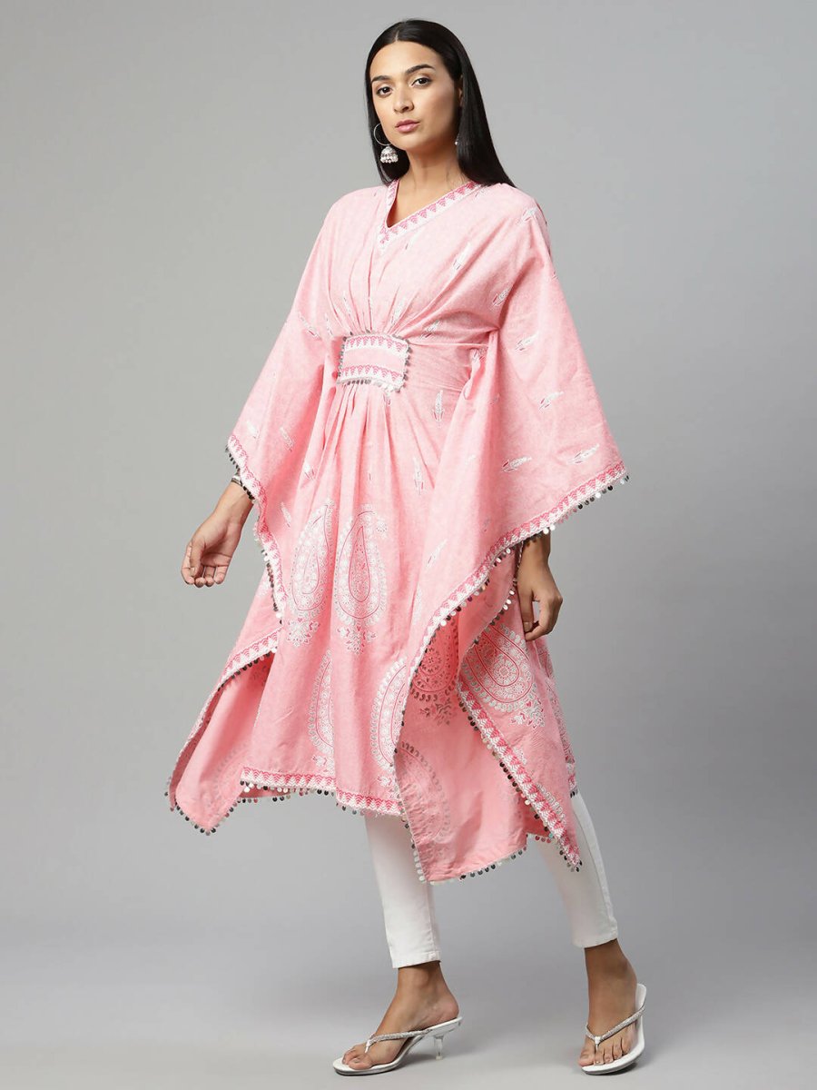 Ahalyaa Women Pink Pure Cotton Printed Kaftan Kurta | Swadesiicart