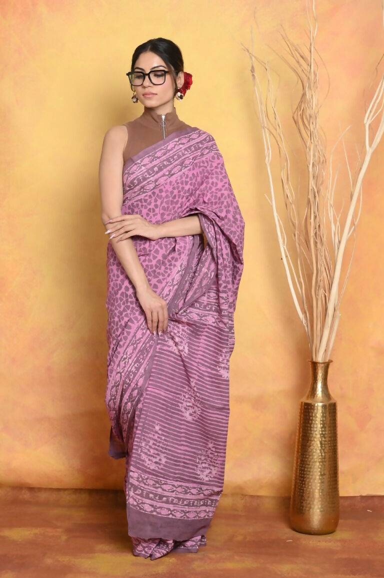 Very Much Indian Handblock Printed Cotton Saree With Natural Dyes - Pink | Swadesiicart