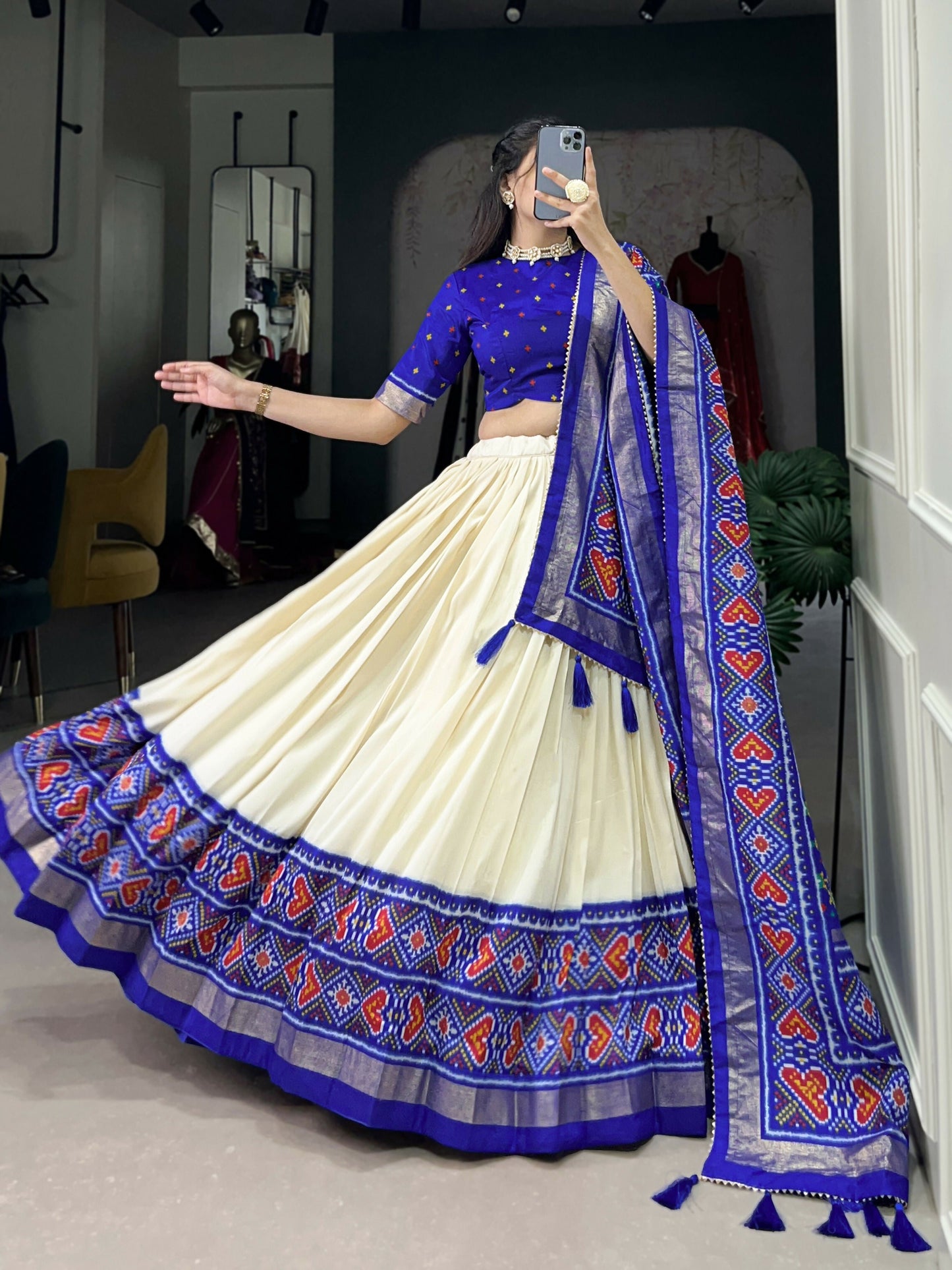 Lorenvalley Offwhite and Royalblue Tussar Silk Patola Print Lehenga Choli | Swadesiicart