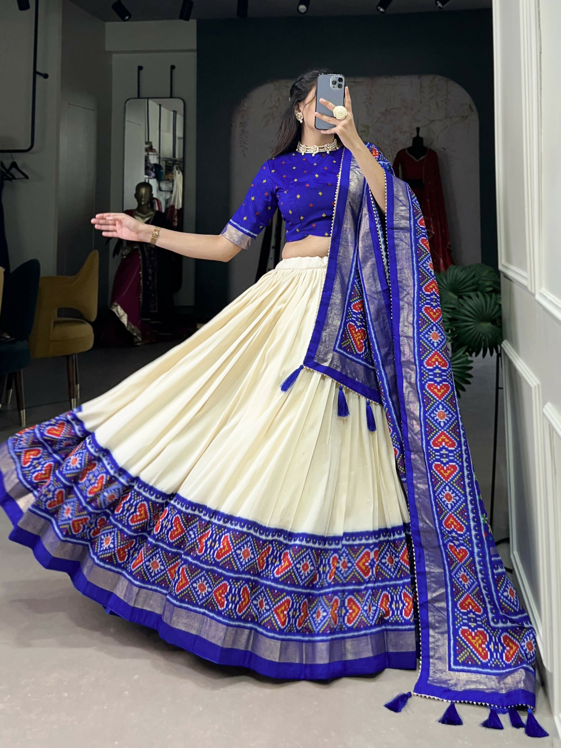 Lorenvalley Offwhite and Royalblue Tussar Silk Patola Print Lehenga Choli | Swadesiicart