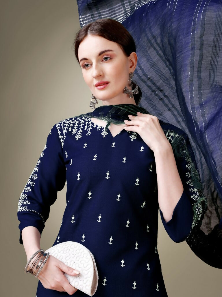 Jyoti Fashion Women's Navy Blue Cotton Blend Embroidery & Sequence work Kurta with Trouser & Dupatta | Swadesiicart