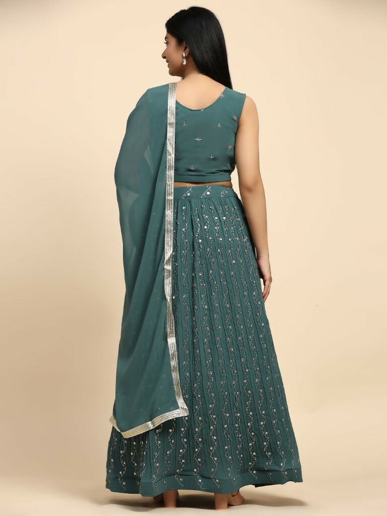 Green Georgette Embroidered Lehenga choli with Dupatta - Dhara | Swadesiicart