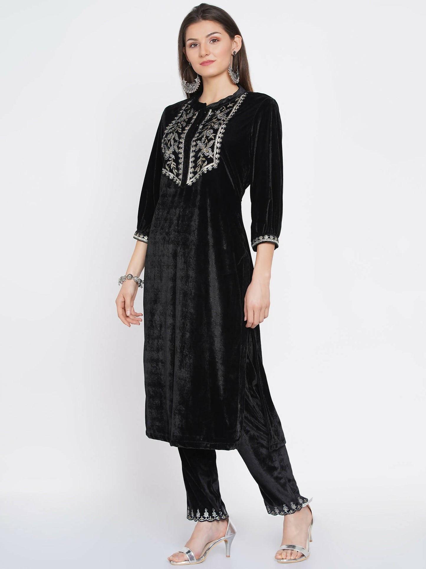 Women Republic Black Velvet Embroidered Kurta With Pants | Swadesiicart