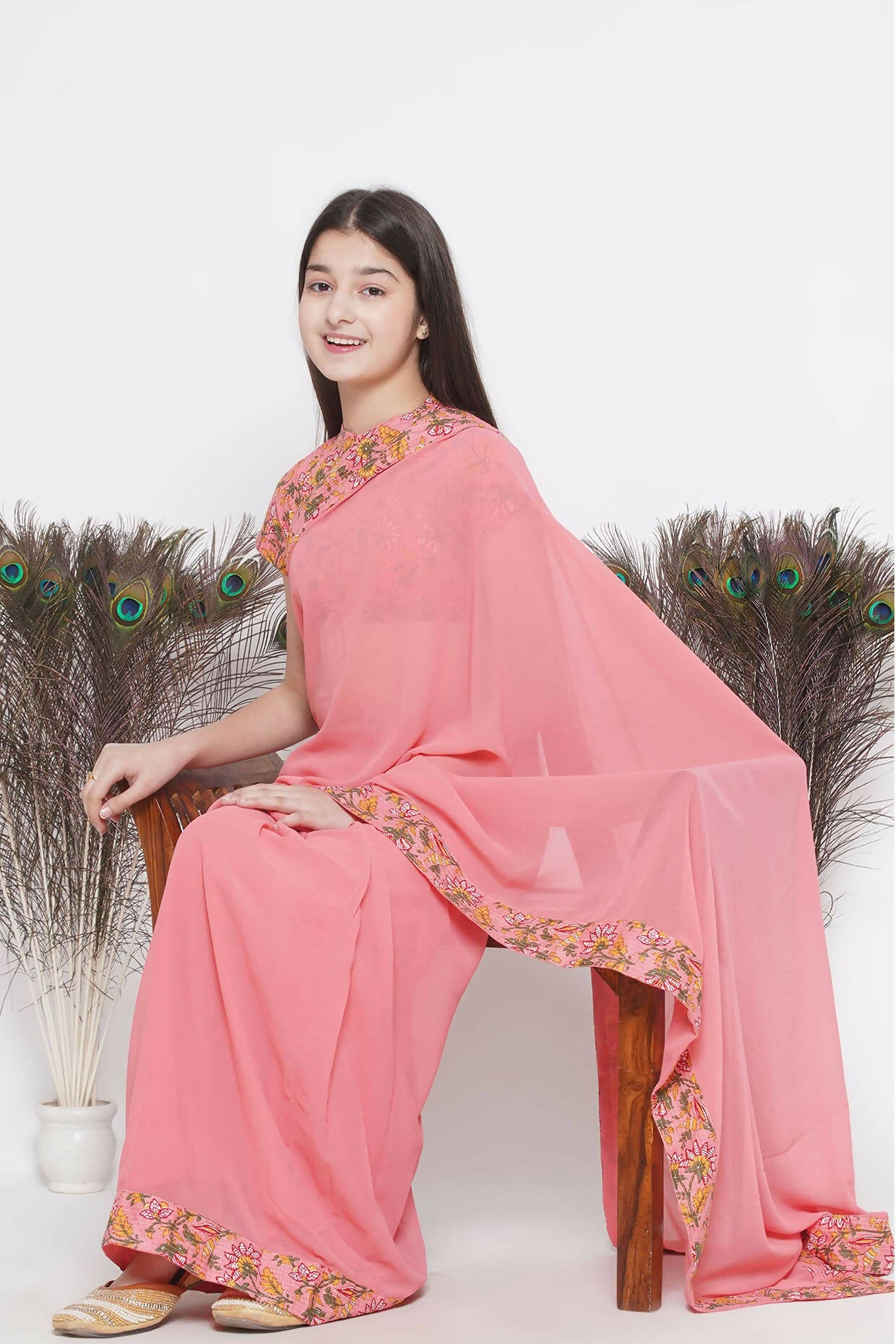 Little Bansi Floral Print Ready To Wear Saree And Floral Blouse - Coral | Swadesiicart