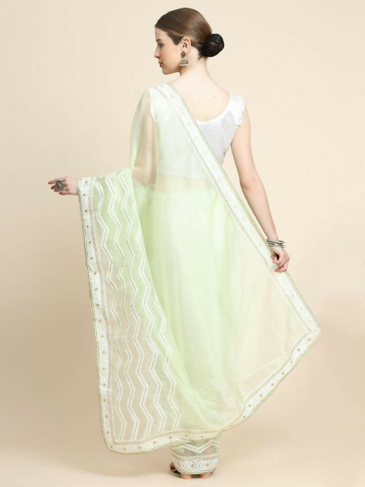 Vamsee Banno Lehriya Pista Green Organza Saree - Swadesiicart