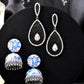 VOJ Set Of 2 Earrings- Blue Printed Jhumka With Black AD Studded Drop Earrings - VOJ (Valley Of Jewellery)