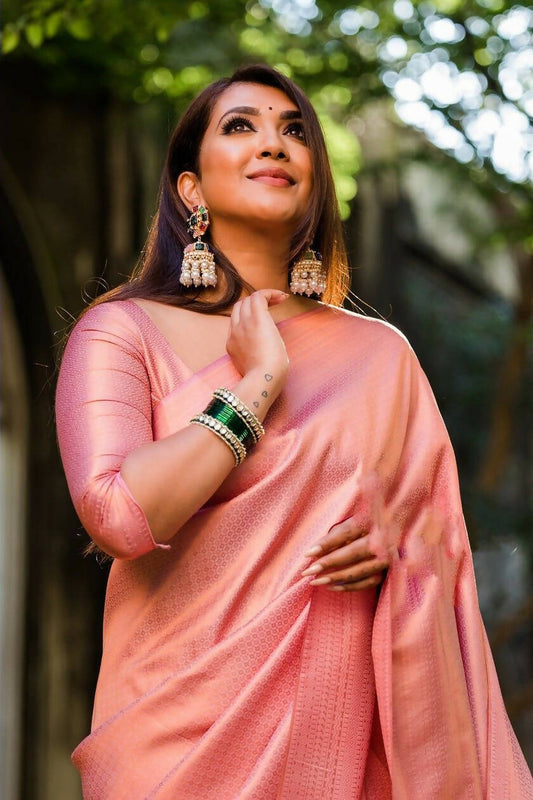 DEIANA'S Beautiful Designer Golden zari Soft Lichi Silk Saree - Light Pink - Swadesiicart