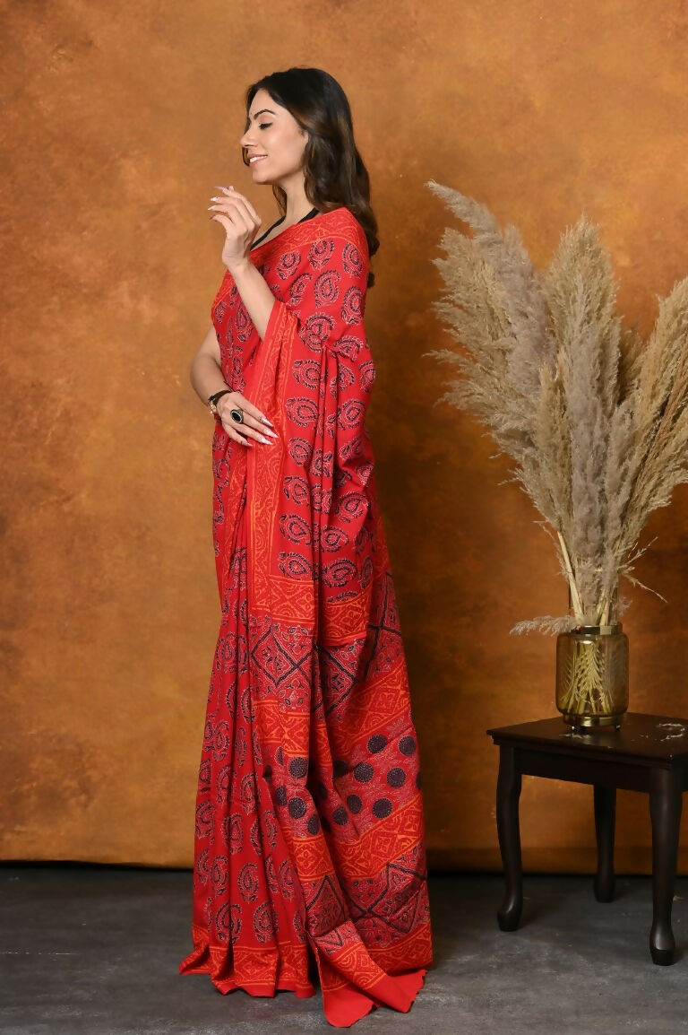 Very Much Indian Handblock Printed Cotton Saree With Natural Dyes - Red | Swadesiicart
