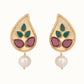 Nuyug 22K Gold Plated Ruby Stone Studded Contemporary Petal Shaped Pearl Drop Stud Earrings | Swadesiicart