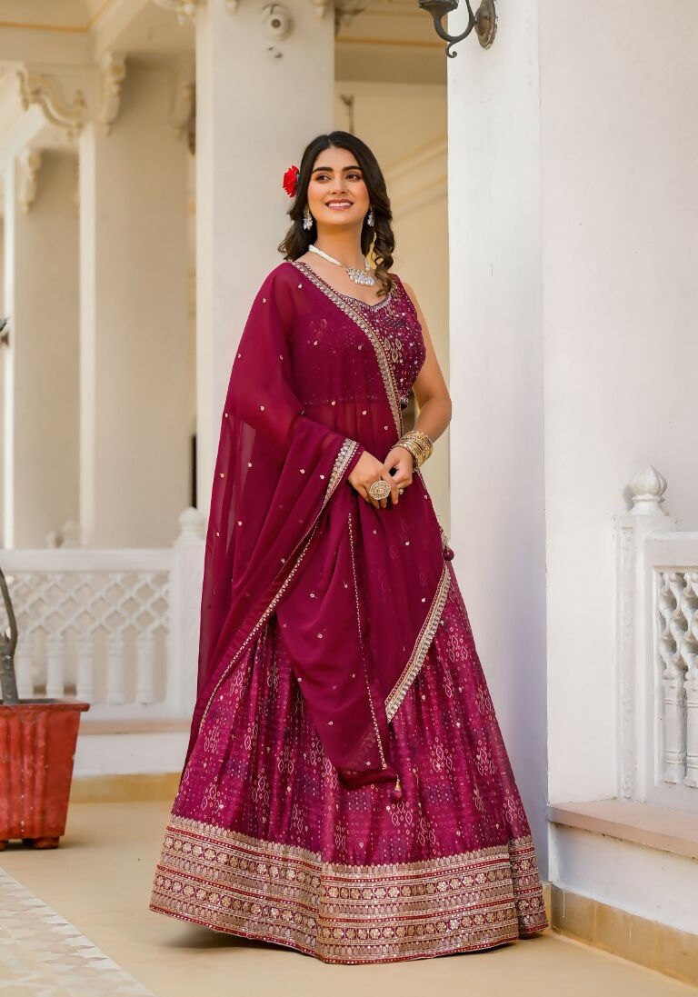 Wedding Partywear Wine Slim Georgette Lehengha Choli With Dupata - Agnidhara - Swadesiicart