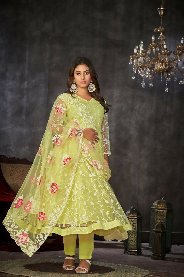 Jyoti Fashion Women's Pista Net Embroidered Anarkali Kurta Pant Set With Dupatta | Swadesiicart