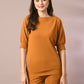 Myshka Women's Mustard Solid Boat Neck Party Top With Trousers Co-ord set - Swadesiicart