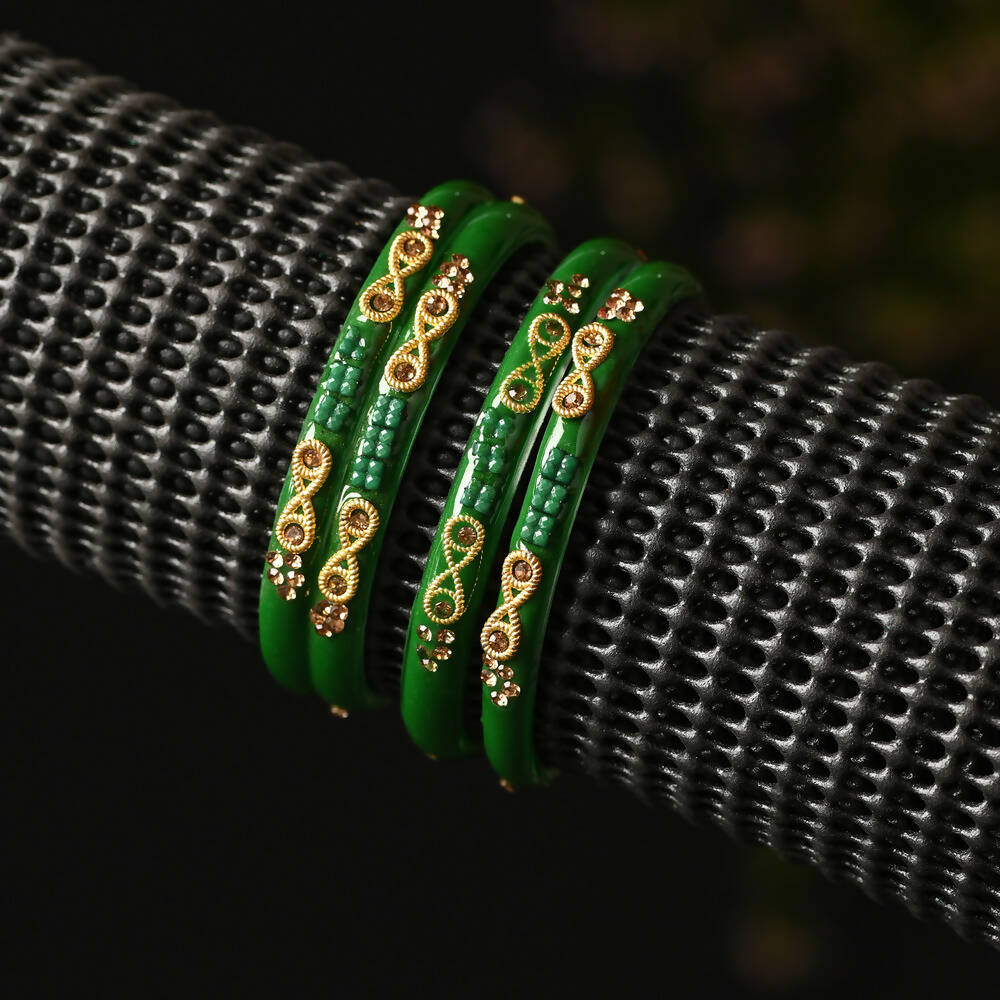 Afast Designer Fancy Party Bangle/ Kada Set, Green, Glass, Pack Of 4 - Swadesiicart