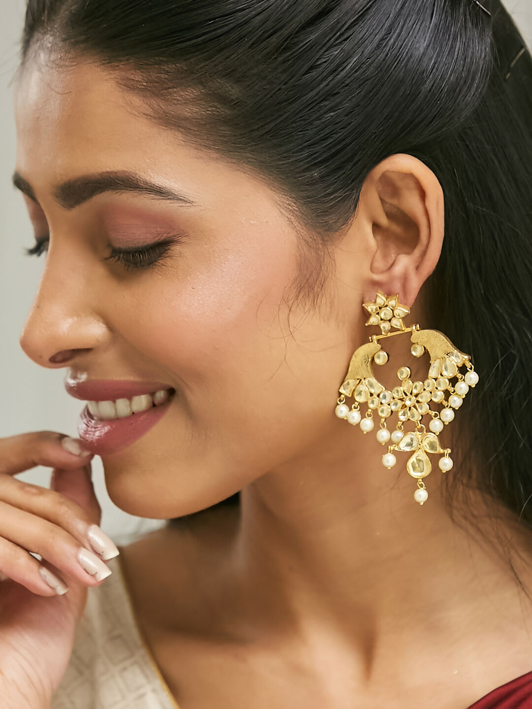 Nuyug 22K Gold-Plated Kundan and Pearl Earrings with Floral Stud and Intricate Crescent Design Chandbalis | Swadesiicart