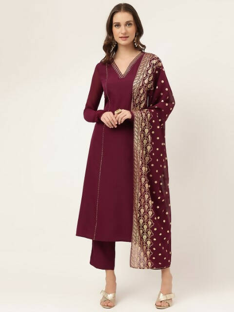 FIORRA Women's Purple Poly Crepe A-Line Kurta Pant With Dupatta - Swadesiicart