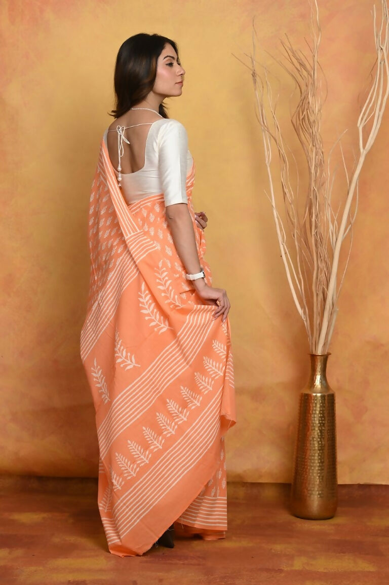 Very Much Indian Handblock Printed Cotton Saree With Natural Dyes - Light Peach | Swadesiicart