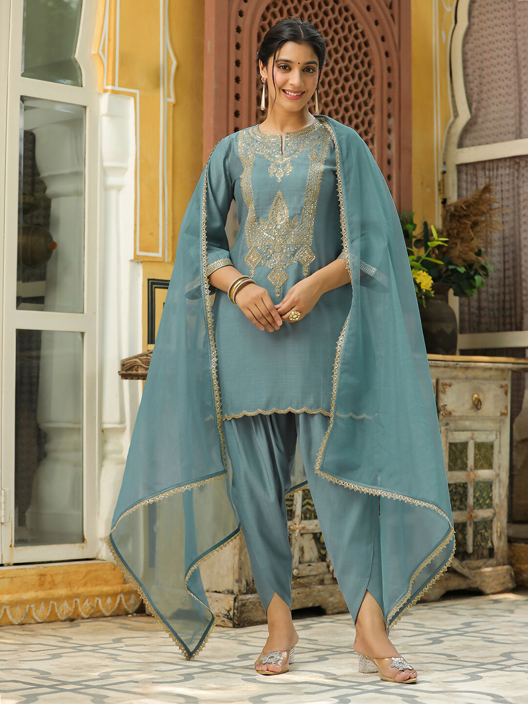 Janasya Light Blue Silk Blend Solid Kurta,Bottom & Dupatta | Swadesiicart