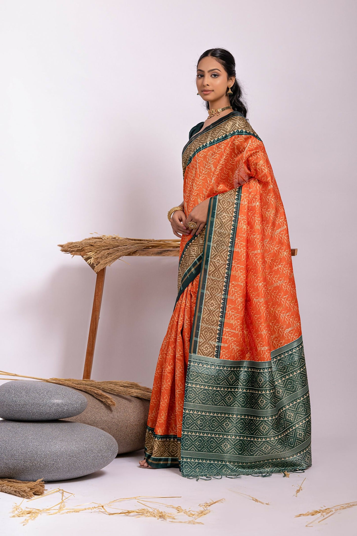 Vishnu Weaves Women's Orange Soft Tussar Silk Zari Woven Saree with Blouse - Swadesiicart