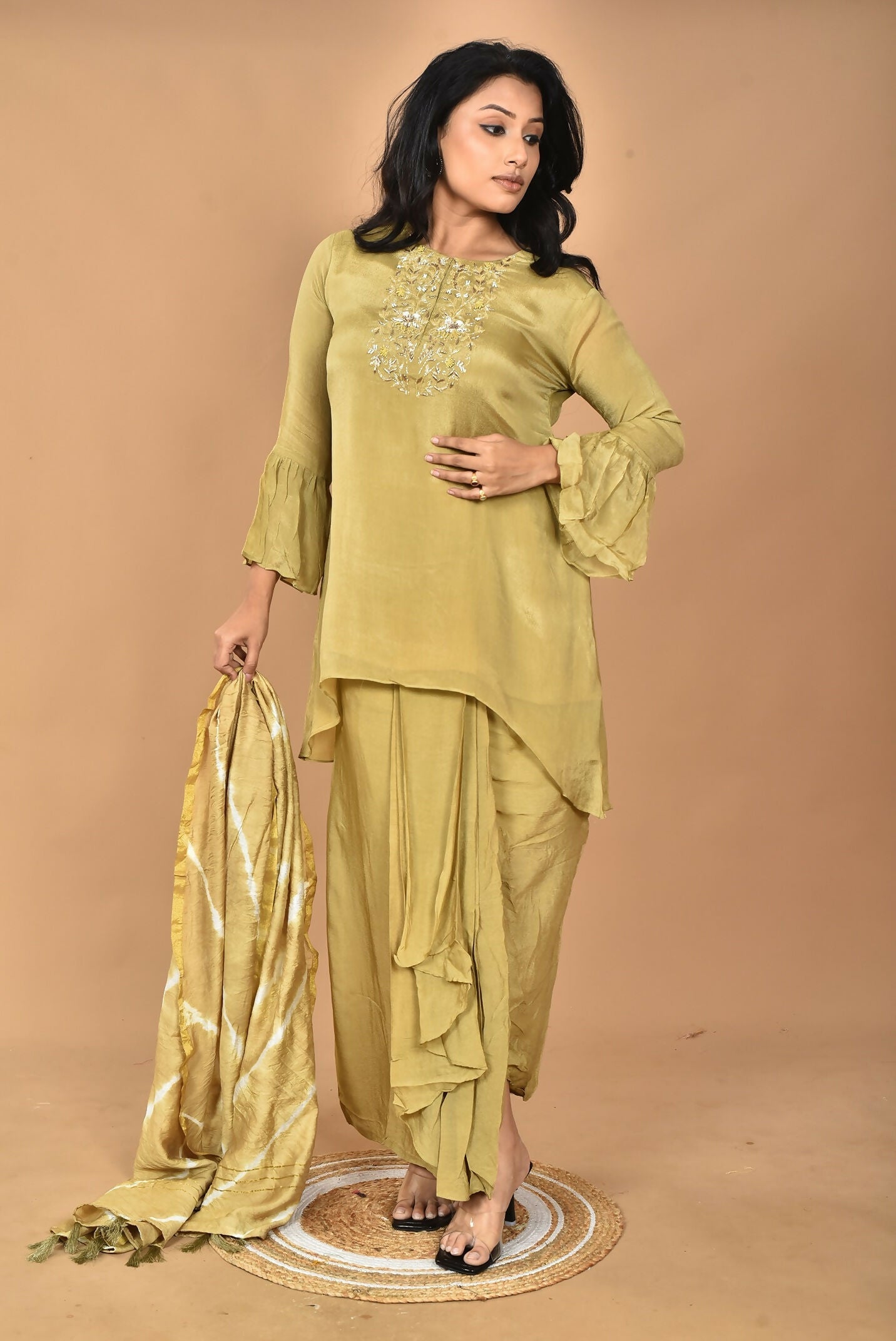 Morchari Women And Hand Embroidery Palazzo Set-Mehandi Green - Swadesiicart