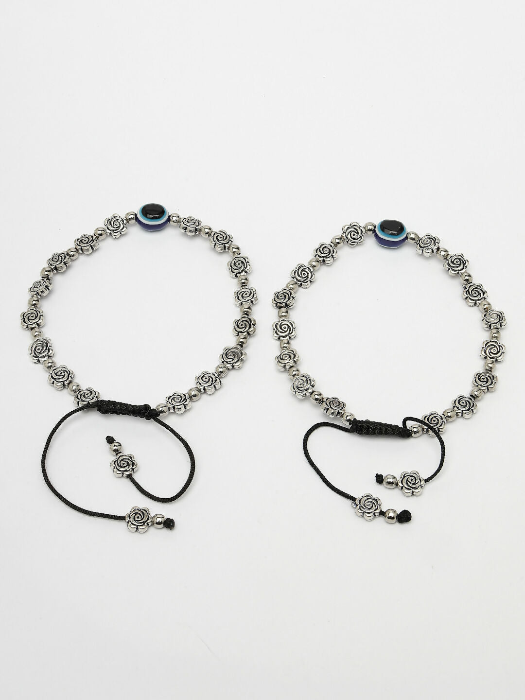 NVR Women's Evil Eye Black Silver Plated Adjustable Anklets | Swadesiicart