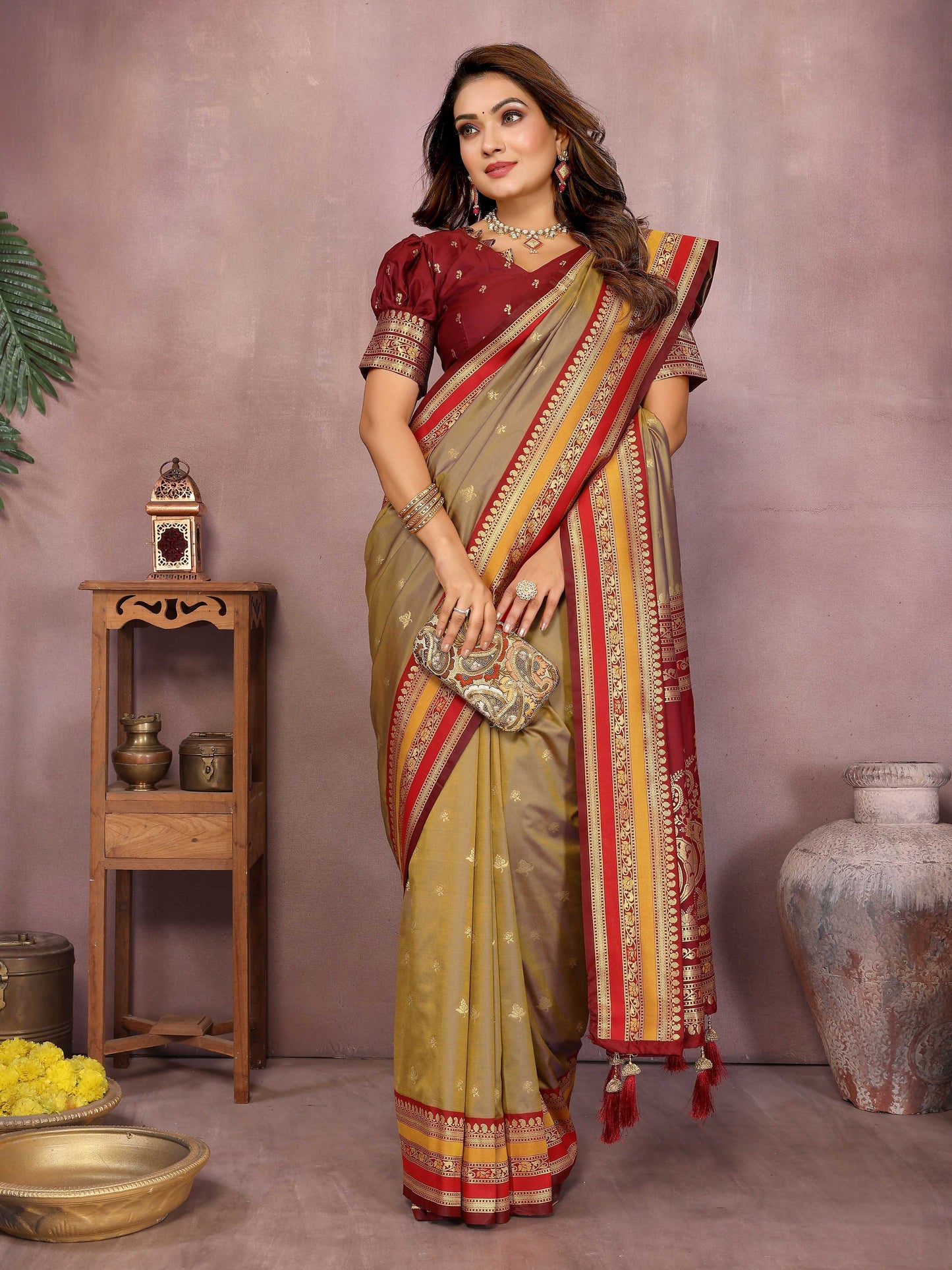 Aastha Fashion Khaki Kalamkari Silk Weaving Saree