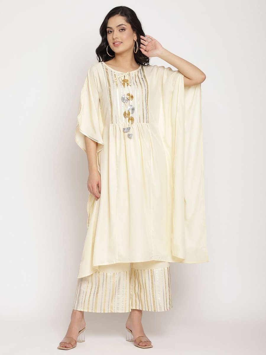 Ahalyaa Women Off White Printed Gotta Patti Kaftan Style Kurta With Palazzos | Swadesiicart