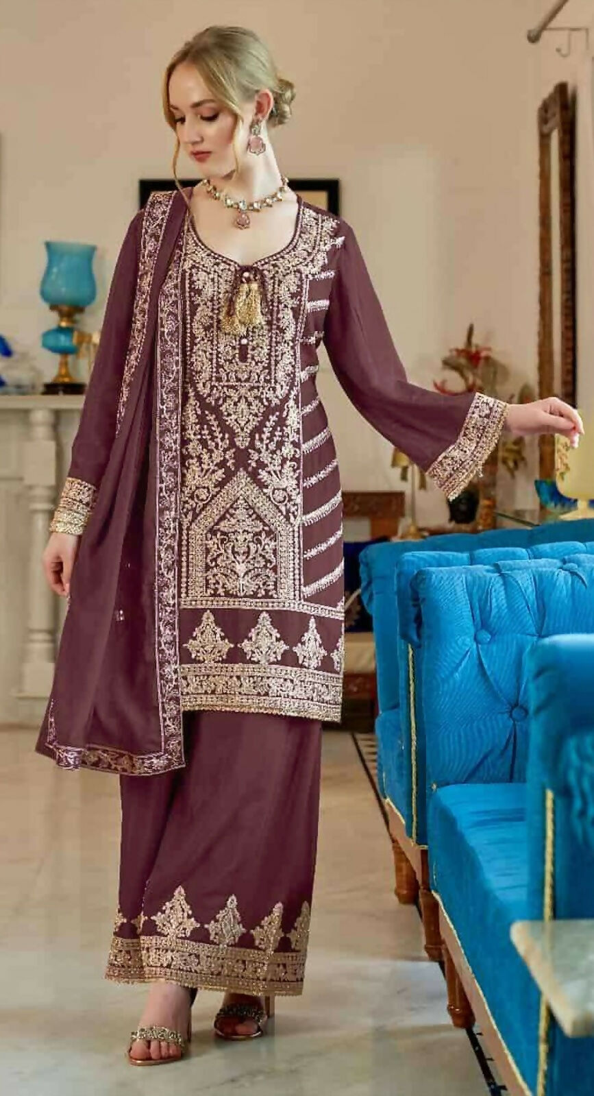 Anaita Brown Vichitra Simar With Embroidery Coding Sequence Stitched Salwar Suit