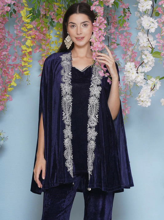 Joban Fashion Navy Blue Velvet Cape Set - Swadesiicart