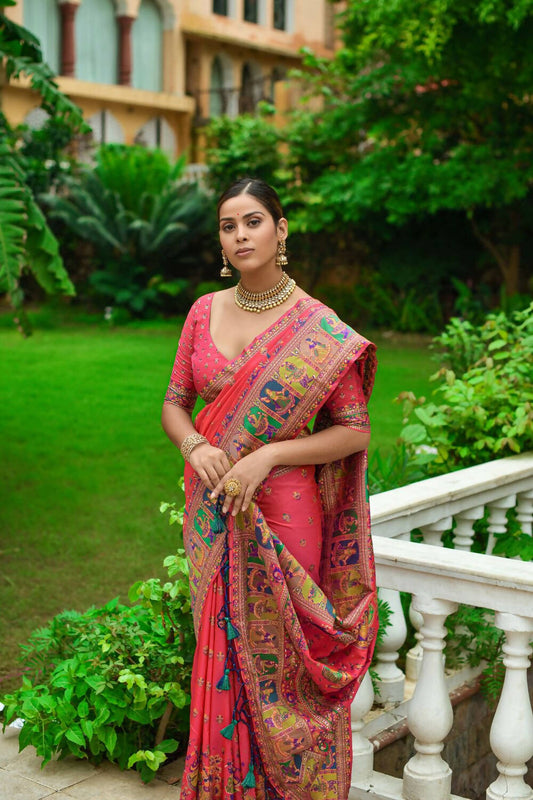 Vishnu Weaves Women's Red Banarasi Silk Kashmiri Woven Saree with Blouse - Swadesiicart
