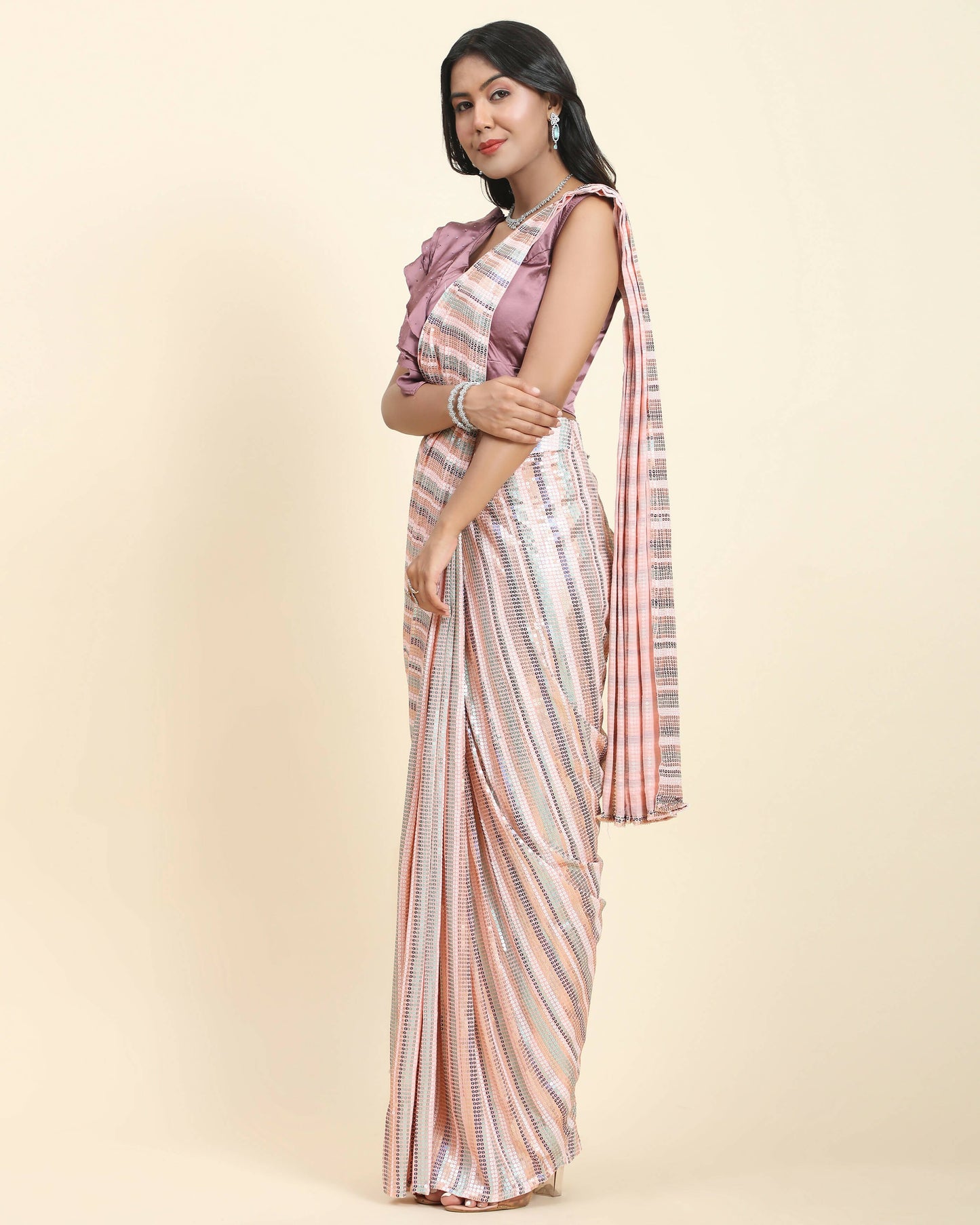 Peach Pure Georgette Sequence work Ready to wear Saree with stitched Blouse - Satiksha | Swadesiicart