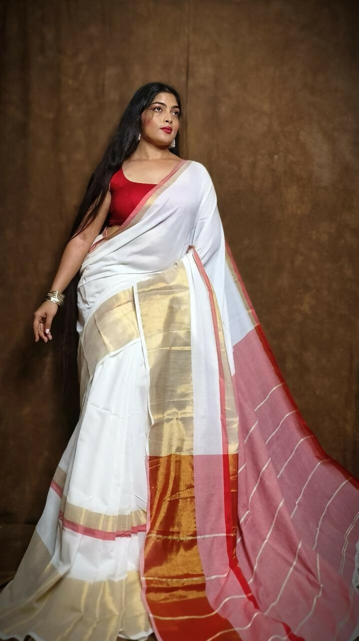 Exclusive Collection White Red Pure Cotton Handloom Gorgeous Saree - Swadesiicart