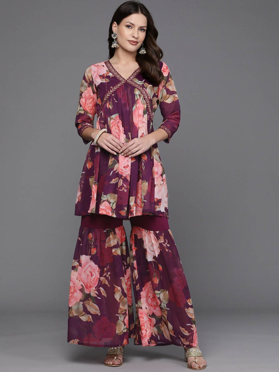 Ahalyaa Women Floral Printed Tunic with Sharara - Black Color | Swadesiicart