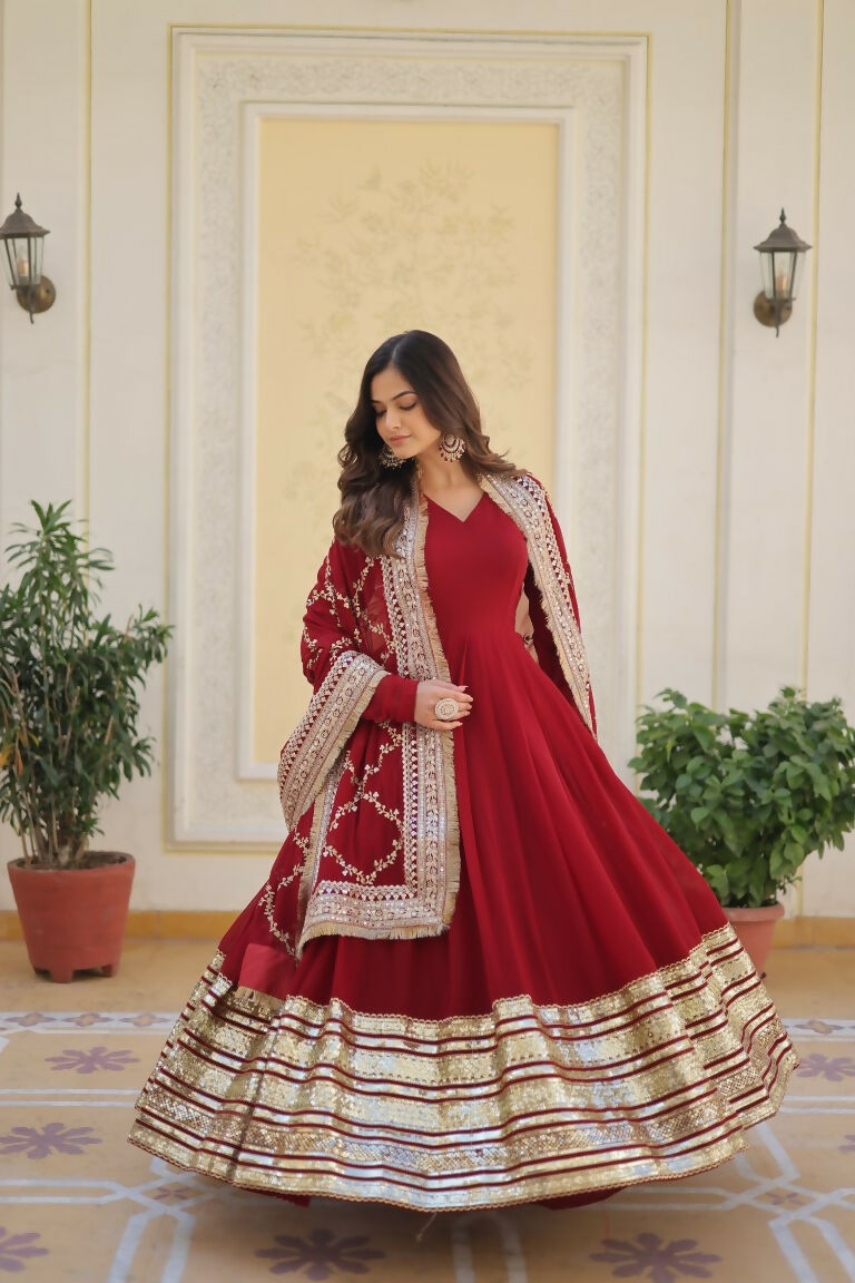 Jyoti Fashion Women's Maroon Faux Blooming Sequins Zari Embroideredy Anarkali Dress with Dupatta | Swadesiicart