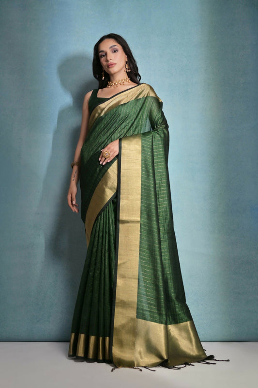 Vishnu Weaves Women's Bt-Green Raw Silk Zari Woven Saree with Blouse - Swadesiicart