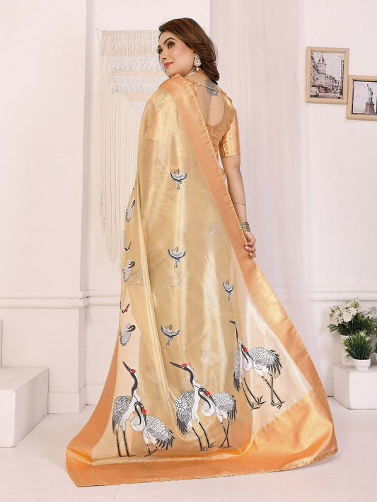 Joban Fashion Golden Cranes Patterns Banarasi Silk Sarees | Swadesiicart