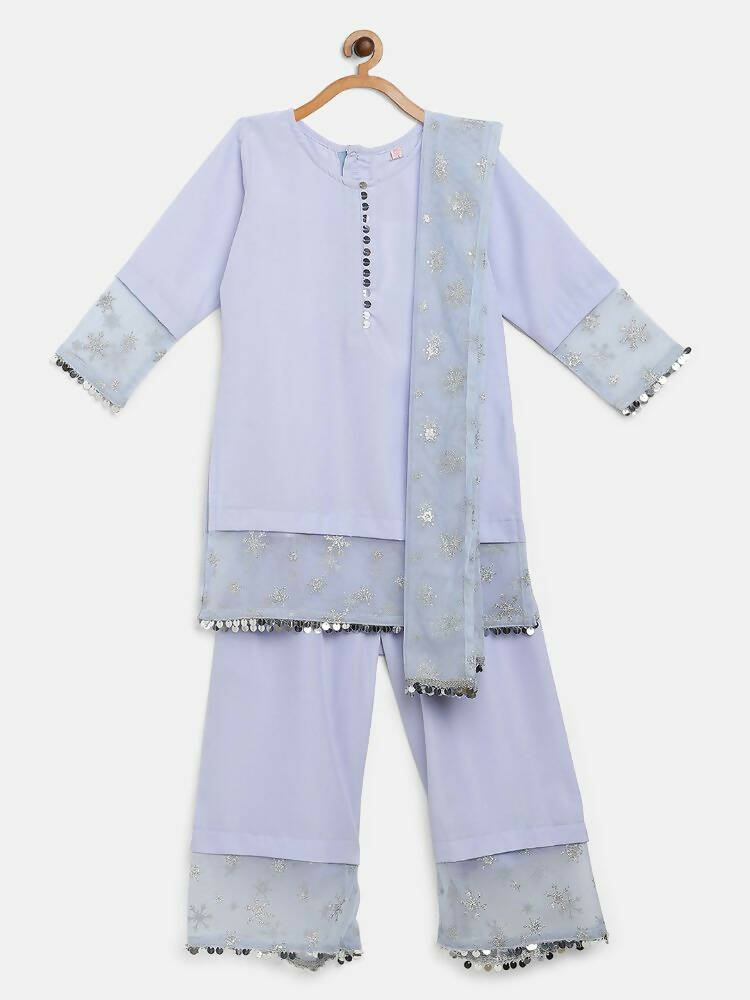 Ahalyaa Blue Crepe Silver Glitter Print Kids Kurta Palazzo Set With Dupatta For Girls | Swadesiicart