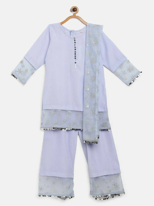Ahalyaa Blue Crepe Silver Glitter Print Kids Kurta Palazzo Set With Dupatta For Girls | Swadesiicart