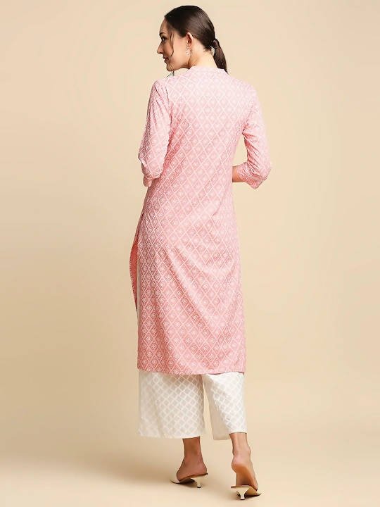 Anubhutee Peach-Coloured & White Khari Printed Straight Kurta - Swadesiicart