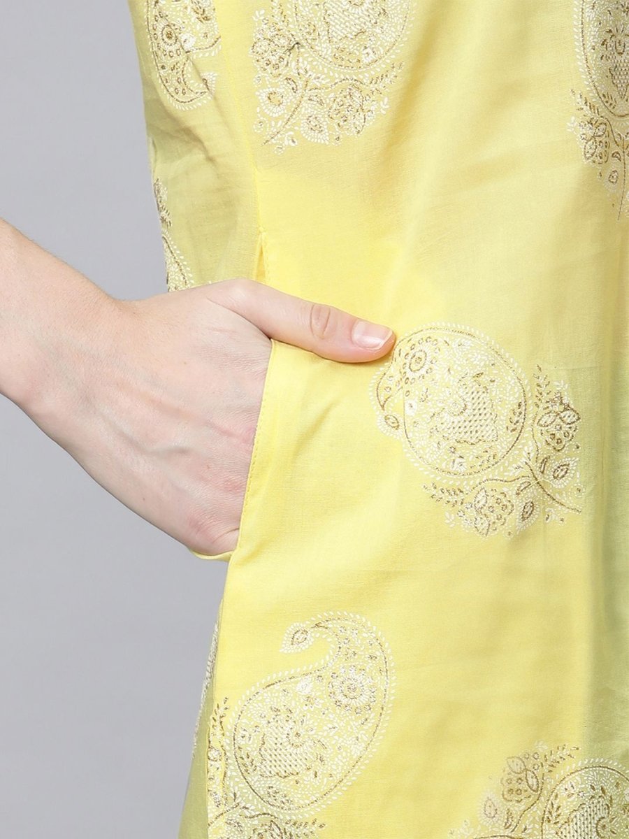 Ahalyaa Women Yellow Pure Cotton Glitter Print Tunic | Swadesiicart