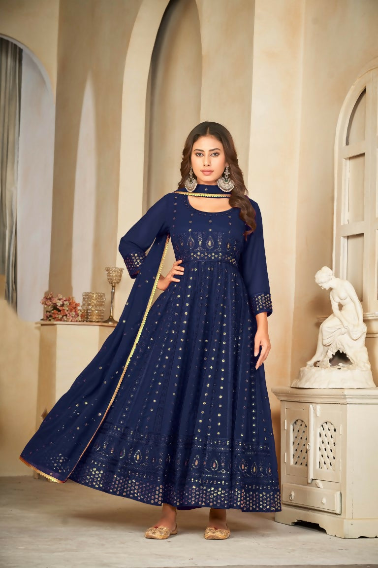 Jyoti Fashion Women's Blue Georgette Embroidered Anarkali Kurta Pant Set With Dupatta | Swadesiicart