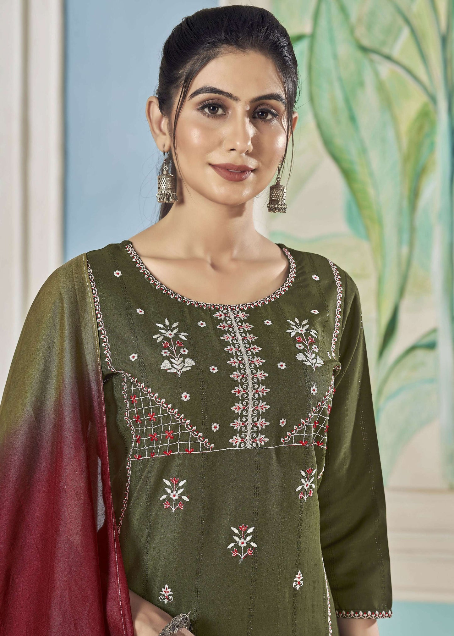 Jyoti Fashion Women's Mehendi Pure Viscose Weaving Stripe with Embroidery Kurta Set | Swadesiicart