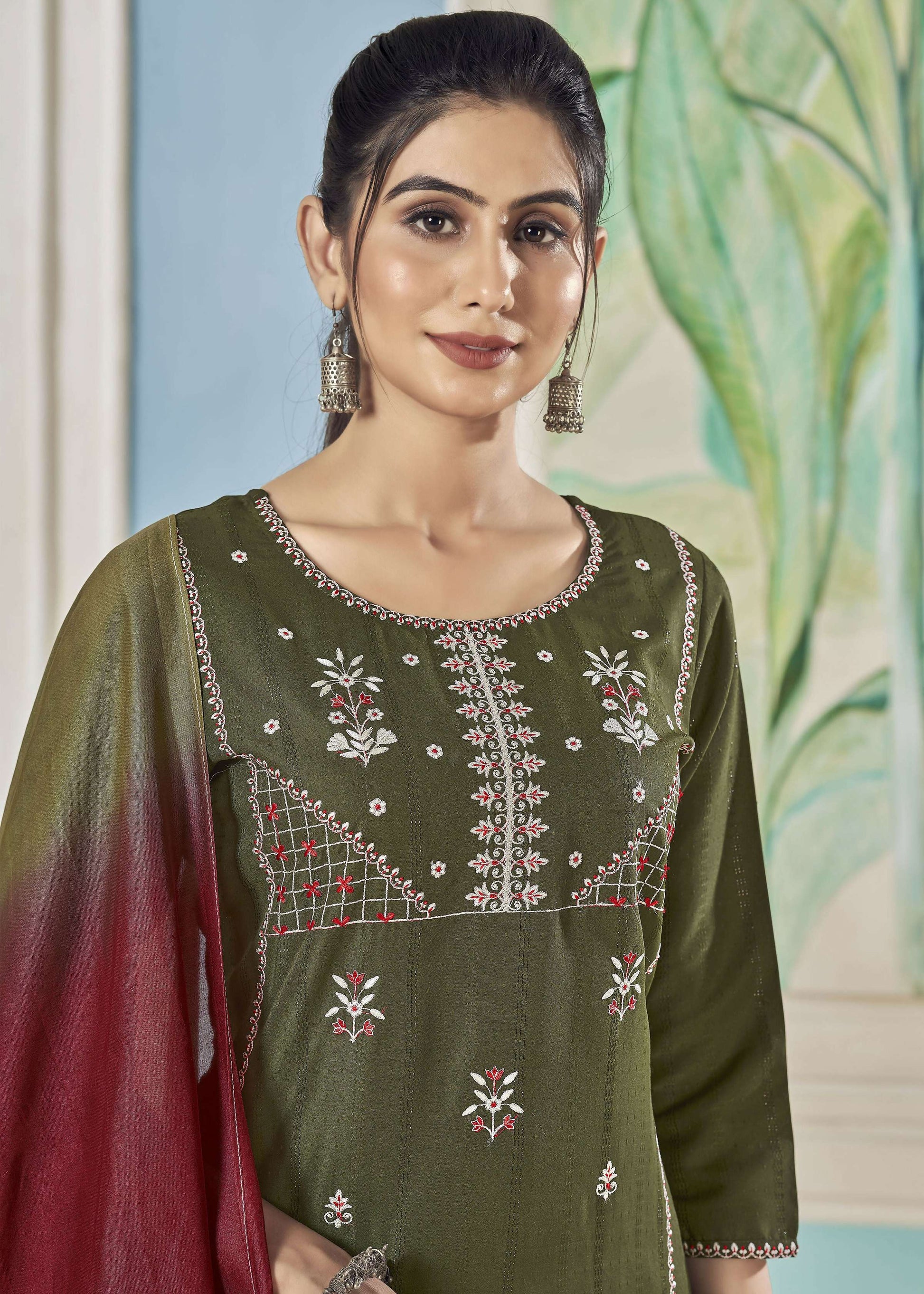 Jyoti Fashion Women's Mehendi Pure Viscose Weaving Stripe with Embroidery Kurta Set | Swadesiicart