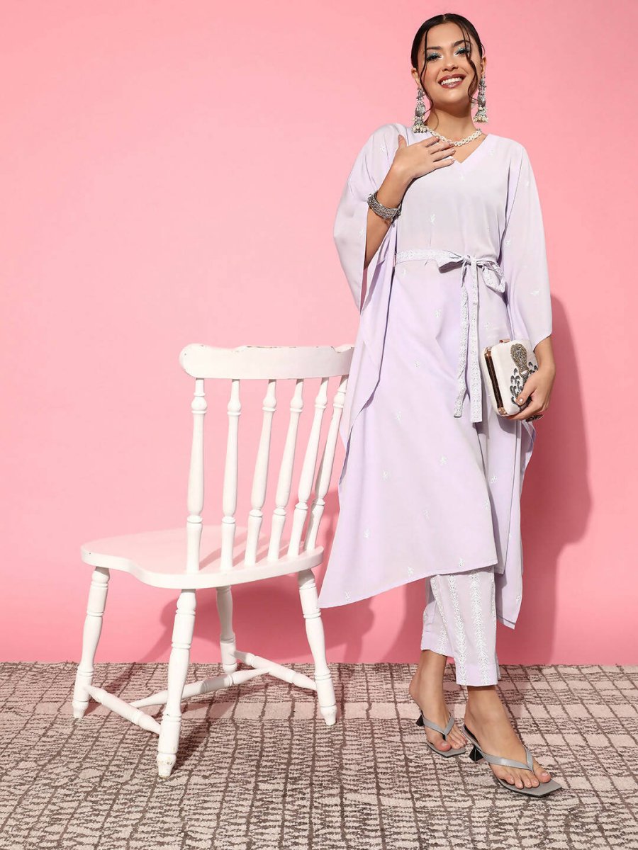 Ahalyaa Women Floral Poly Crepe Belted Detail Kurta Set | Swadesiicart