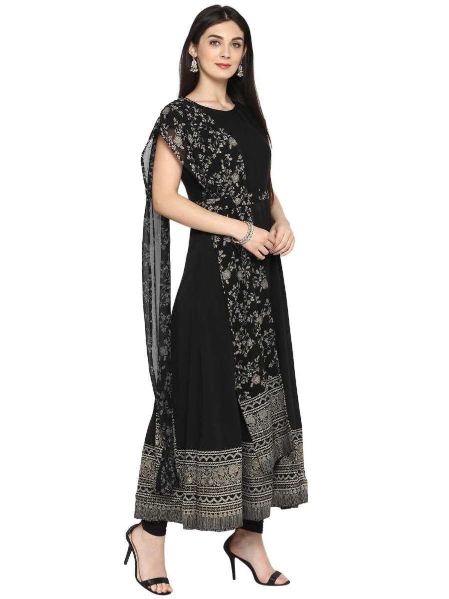 Ahalyaa Women's Black Crepe Printed Kurta With Attached Dupatta | Swadesiicart